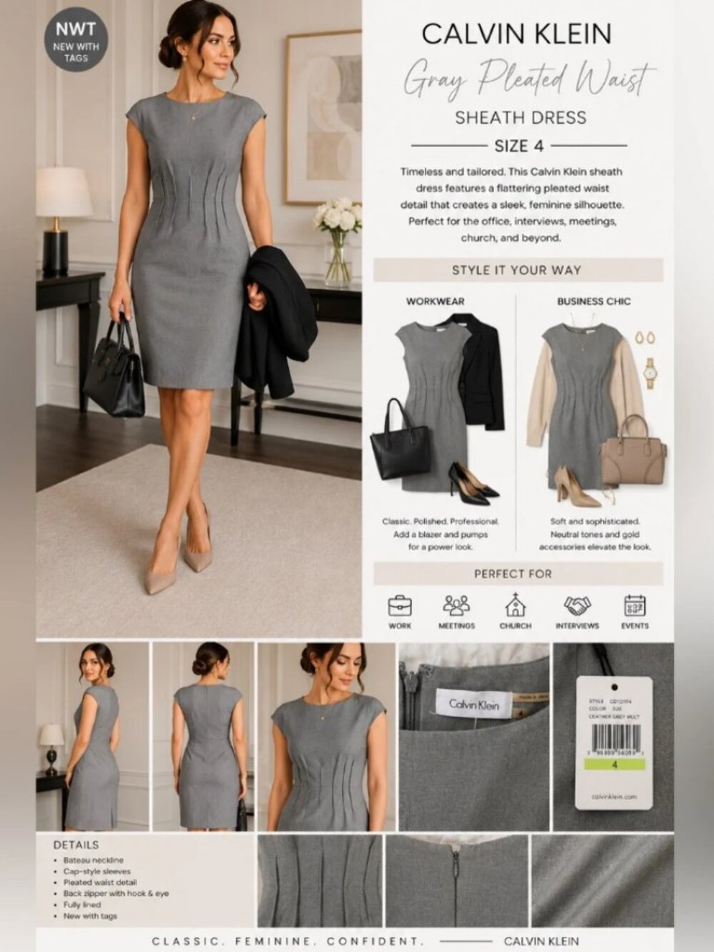 Calvin Klein Gray Pleated Waist Sheath Career Dress Size 4 NWT